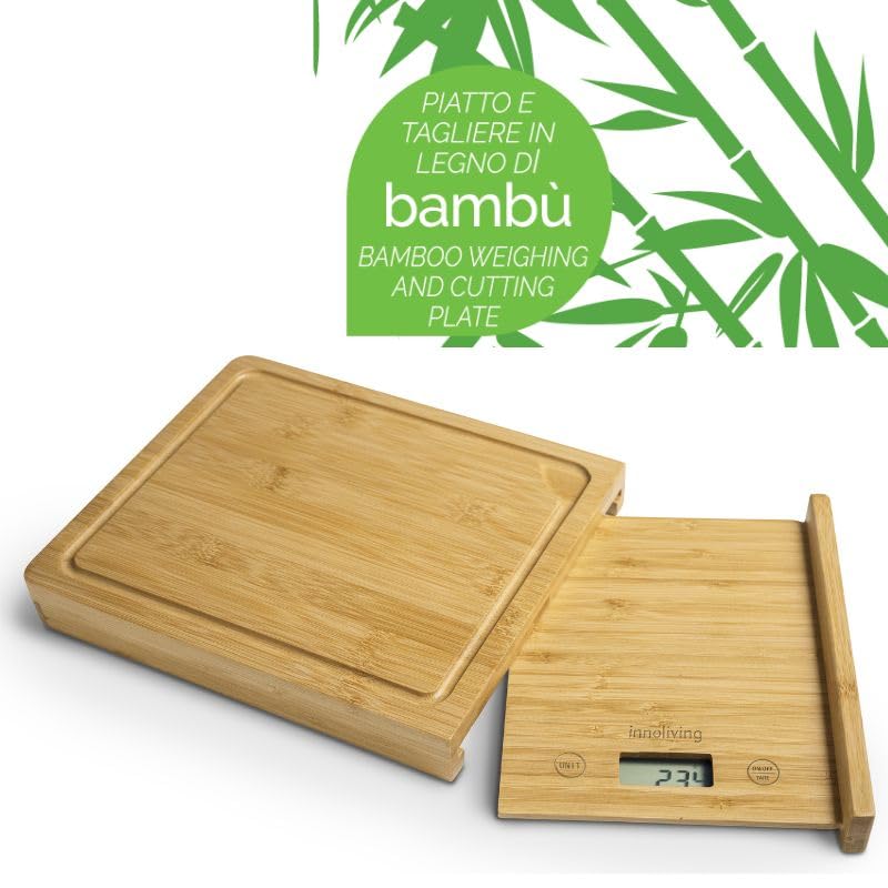 Innoliving Bilancia Digitale da Cucina in Bambu INN-137 con Tagliere 2-in-1 e Design Elegante, Alta Precisione, Funzione Tara, Display LCD, Piattaforma Ampia Rettangolare con Tagliere