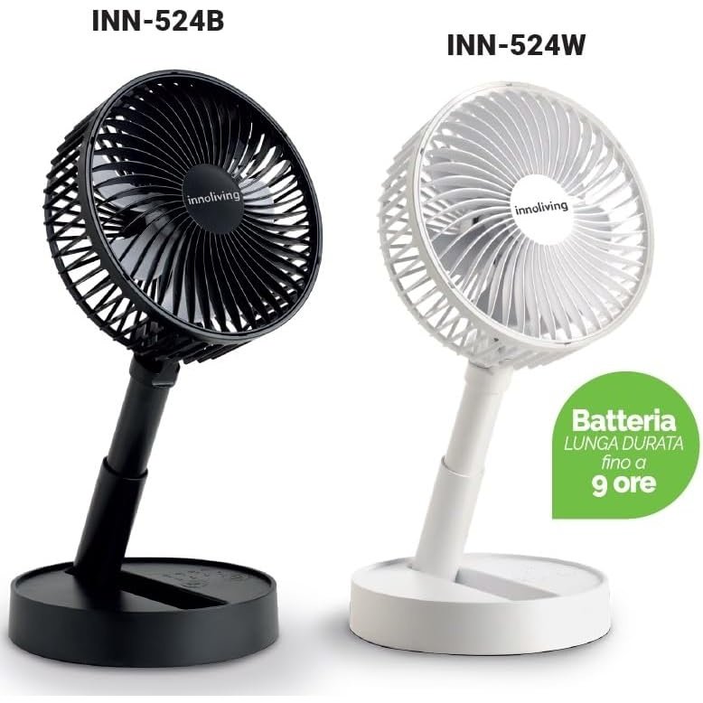 Innoliving Ventilatore 15cm Pieghevole Ricaricabile INN-524 Senza Fili, Altezza Regolabile, 3 Velocità, Angolo 90°, Batteria Litio 1800mAh, Ricarica USB, Portatile, Conveniente