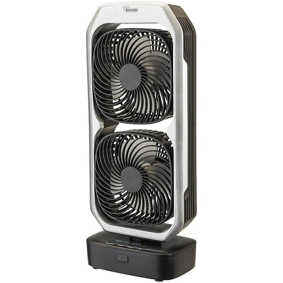 Bimar INB-VTR2 Ventilatore da tavolo, senza filo, Bi-elica, autonomia 6 h½, 3 velocità, Timer 8h, Con telecomando, 2 Ventole orientabili, Cavo USB