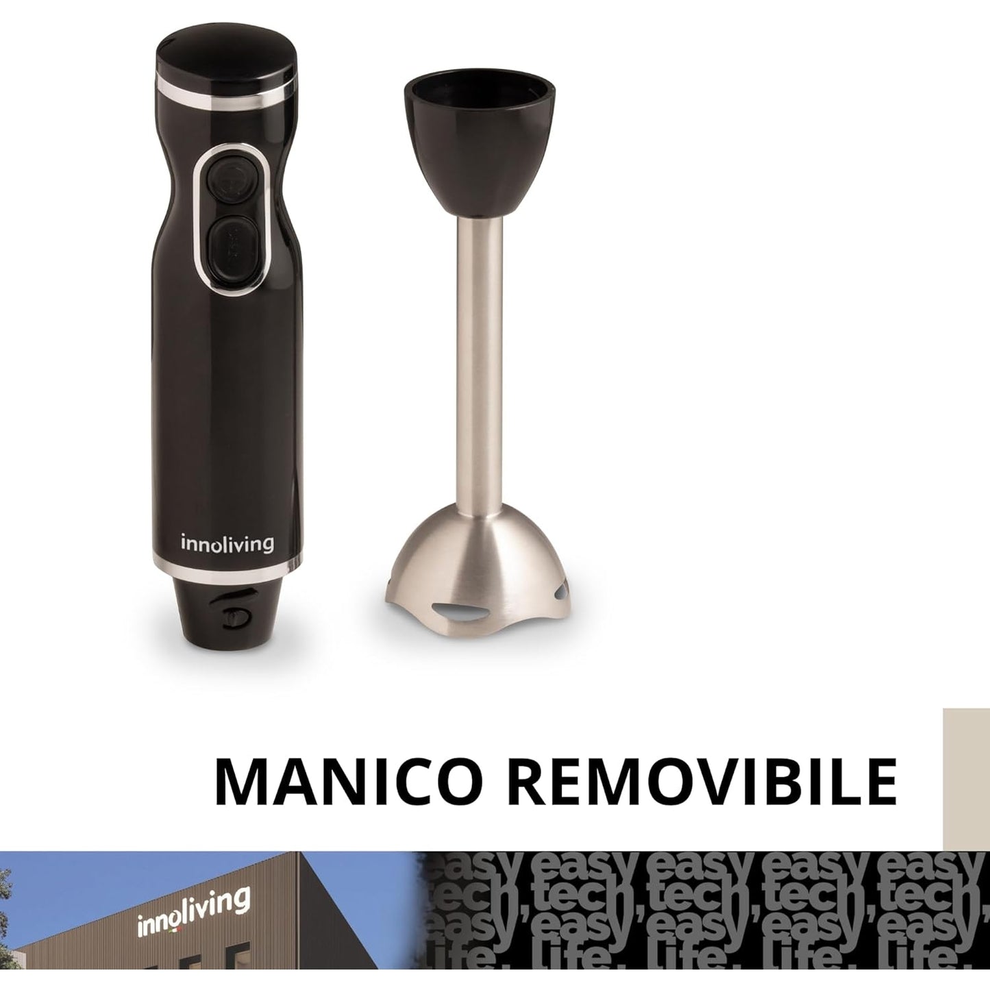 Innoliving Frullatore a Immersione INN-881, Potenza 400W, 2 Velocità con Tasto Turbo, Gambo Removibile, Lame in Acciaio INOX, Anello per Appendere, Potente e Versatile Gambo in Acciaio INOX