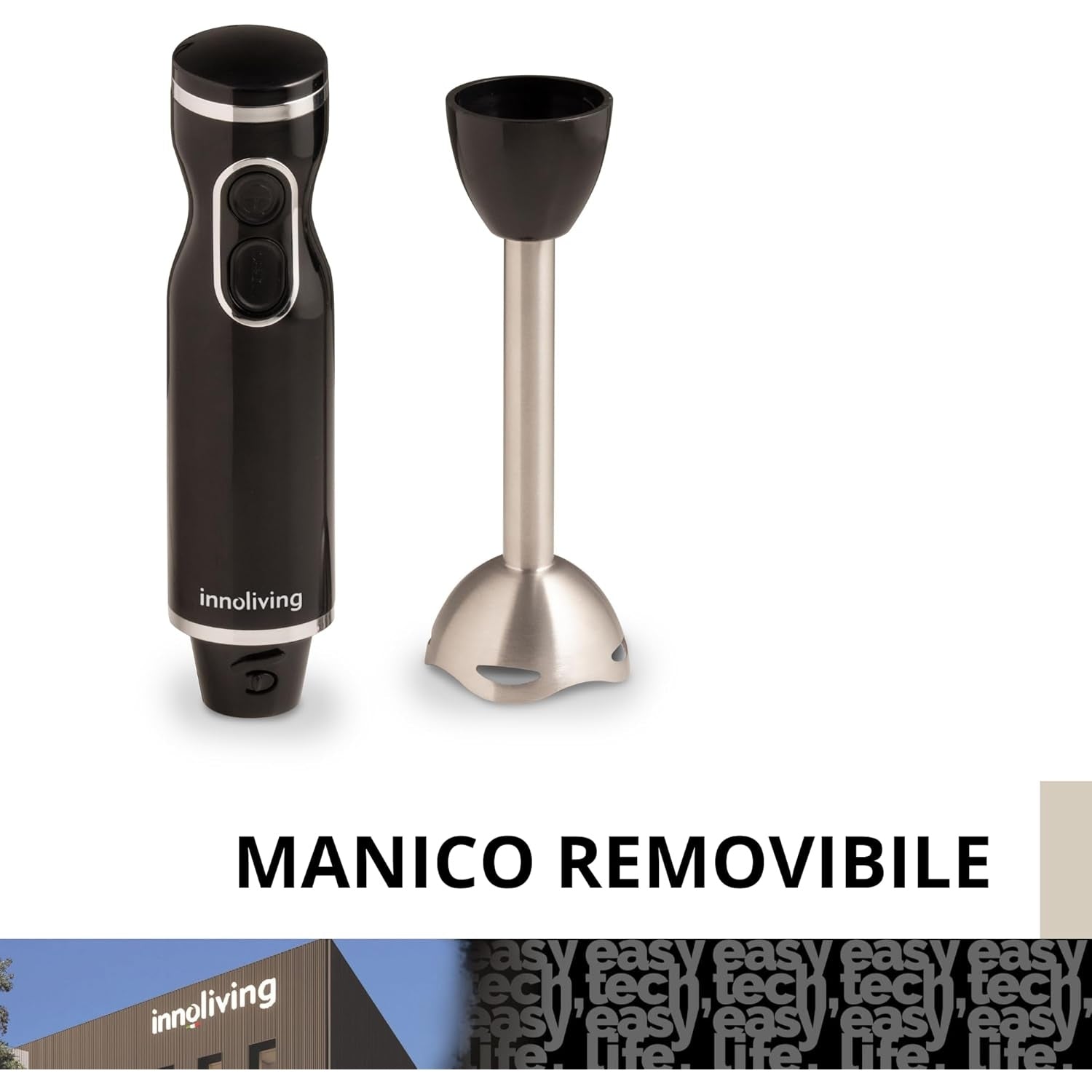 Innoliving Frullatore a Immersione INN-881, Potenza 400W, 2 Velocità con Tasto Turbo, Gambo Removibile, Lame in Acciaio INOX, Anello per Appendere, Potente e Versatile Gambo in Acciaio INOX