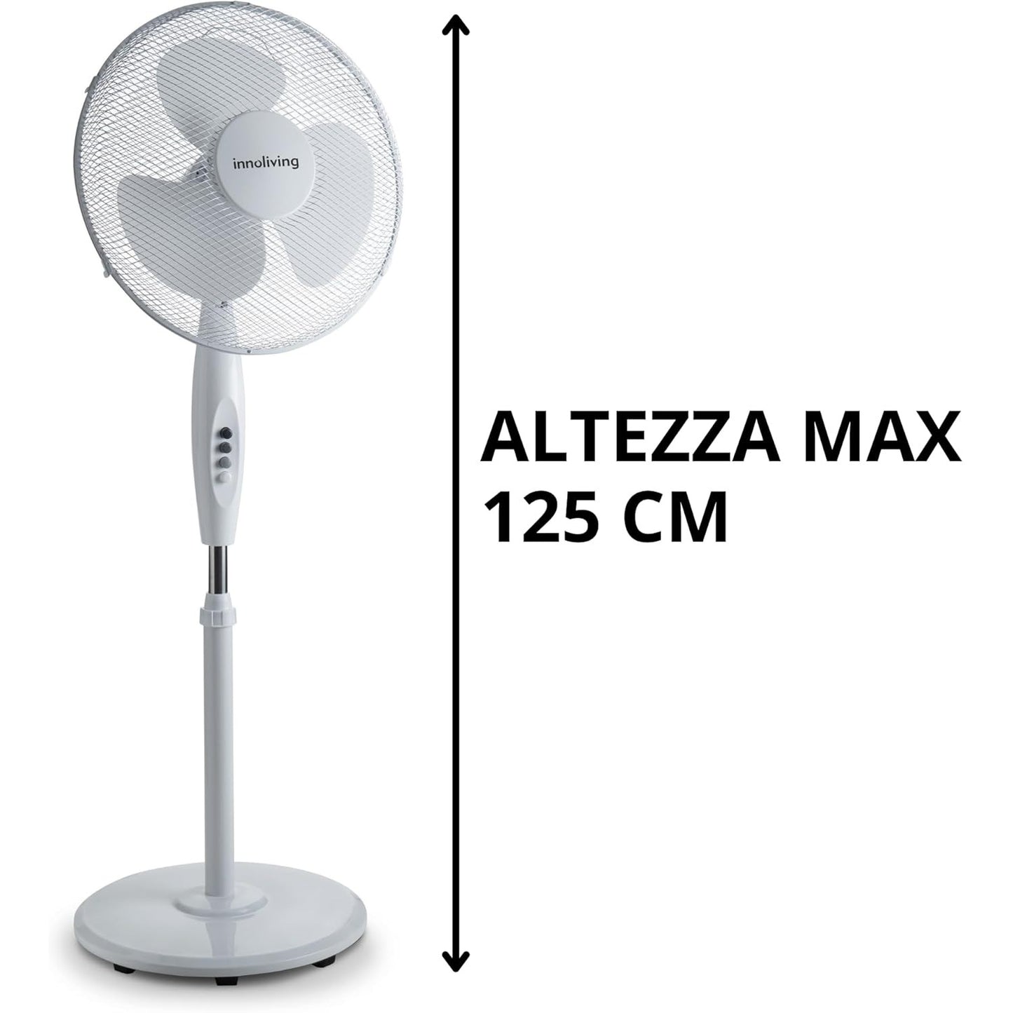 Innoliving Ventilatore a Piantana INN-503ROUND Griglia Mesh, Diametro 40 cm, 3 Velocità, Oscillazione, Altezza Regolabile, Base Rotonda Senza Telecomando