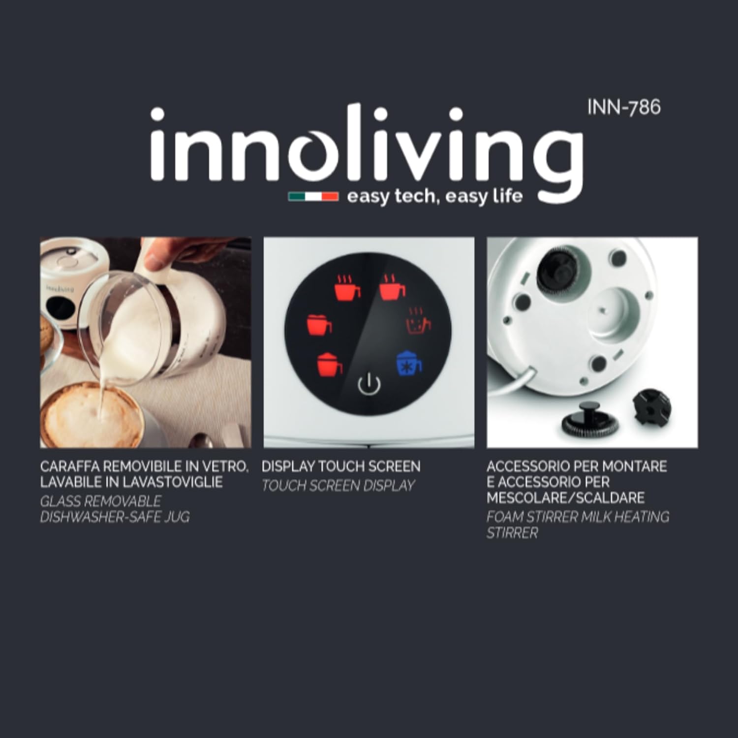 Innoliving Montalatte Elettrico Cappuccinatore INN-786, Capacità 350ml, Schiuma Latte Calda e Fredda, Antiaderente, Compatto, Facile da Pulire, Ideale per Cappuccini e Bevande Calde, Monta e Scalda