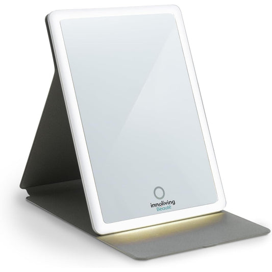 Innoliving Specchio Luminoso Ricaricabile INN-807, Luce LED Regolabile, Luce Regolabile Calda Fredda, Batteria Ricarica USB-C, Base Stabile, Ideale per Trucco, Skincare e Rasatura, Richiudibile Tablet