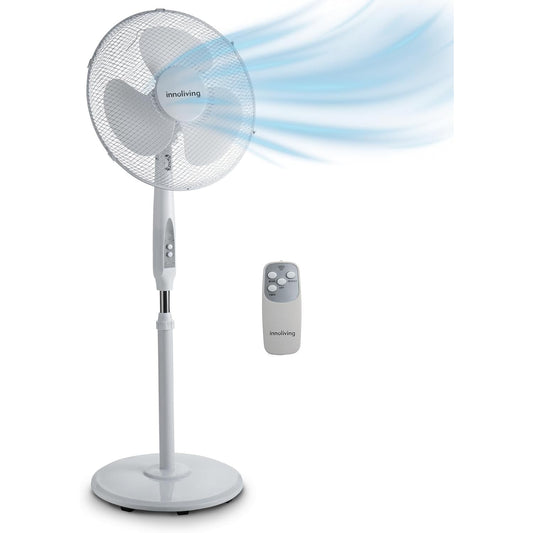 Innoliving Ventilatore a Piantana INN-503ROUNDR con Telecomando, Griglia Mesh, Diametro 40 cm, 3 Velocità, Oscillazione, Altezza Regolabile, Base Rotonda Con Telecomando
