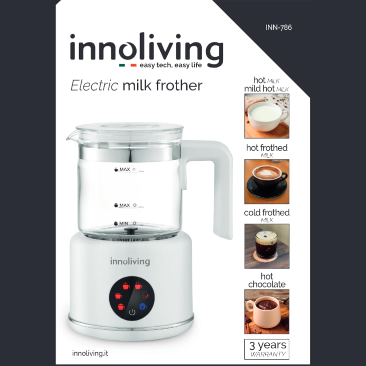Innoliving Montalatte Elettrico Cappuccinatore INN-786, Capacità 350ml, Schiuma Latte Calda e Fredda, Antiaderente, Compatto, Facile da Pulire, Ideale per Cappuccini e Bevande Calde, Monta e Scalda