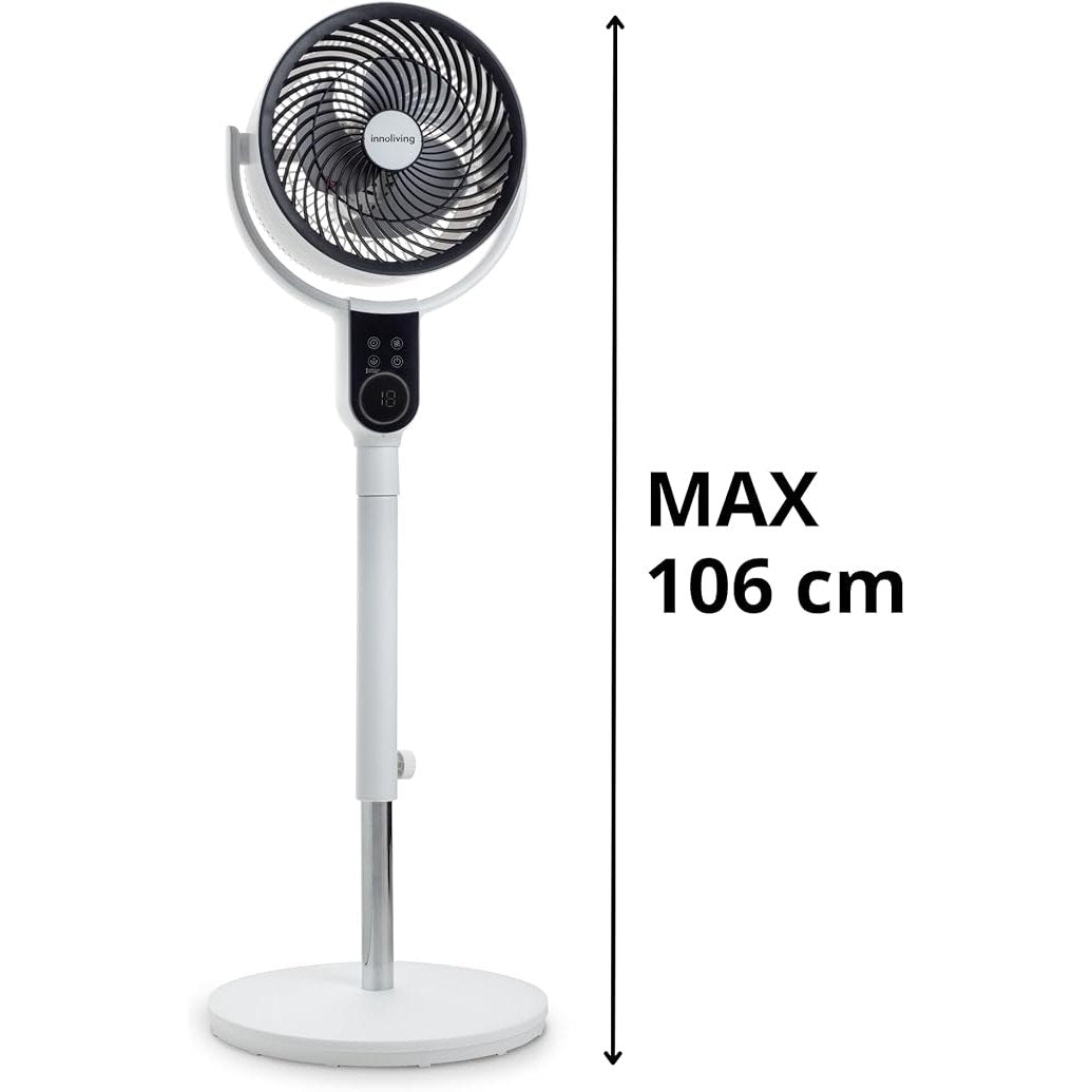 Innoliving Ventilatore a Piantana Digitale High Tech INN-533, Slim Design, Display Touch, Telecomando, Oscillazione 3D, Timer 12h, 12 Velocità, 50W, Ventilazione Potente fino a 5m