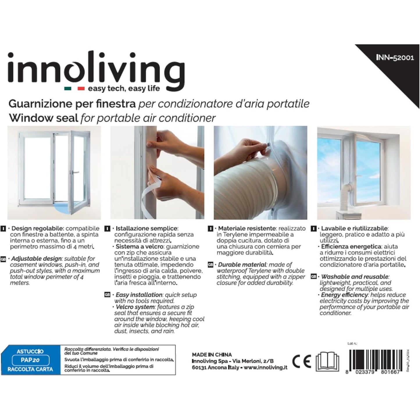 Innoliving Guarnizione Universale per Finestre INN-52001, Compatibile con Condizionatori d’Aria Portatili, Design Regolabile fino a 4m, Materiale Impermeabile TERYLENE, Sistema a Velcro con Zip