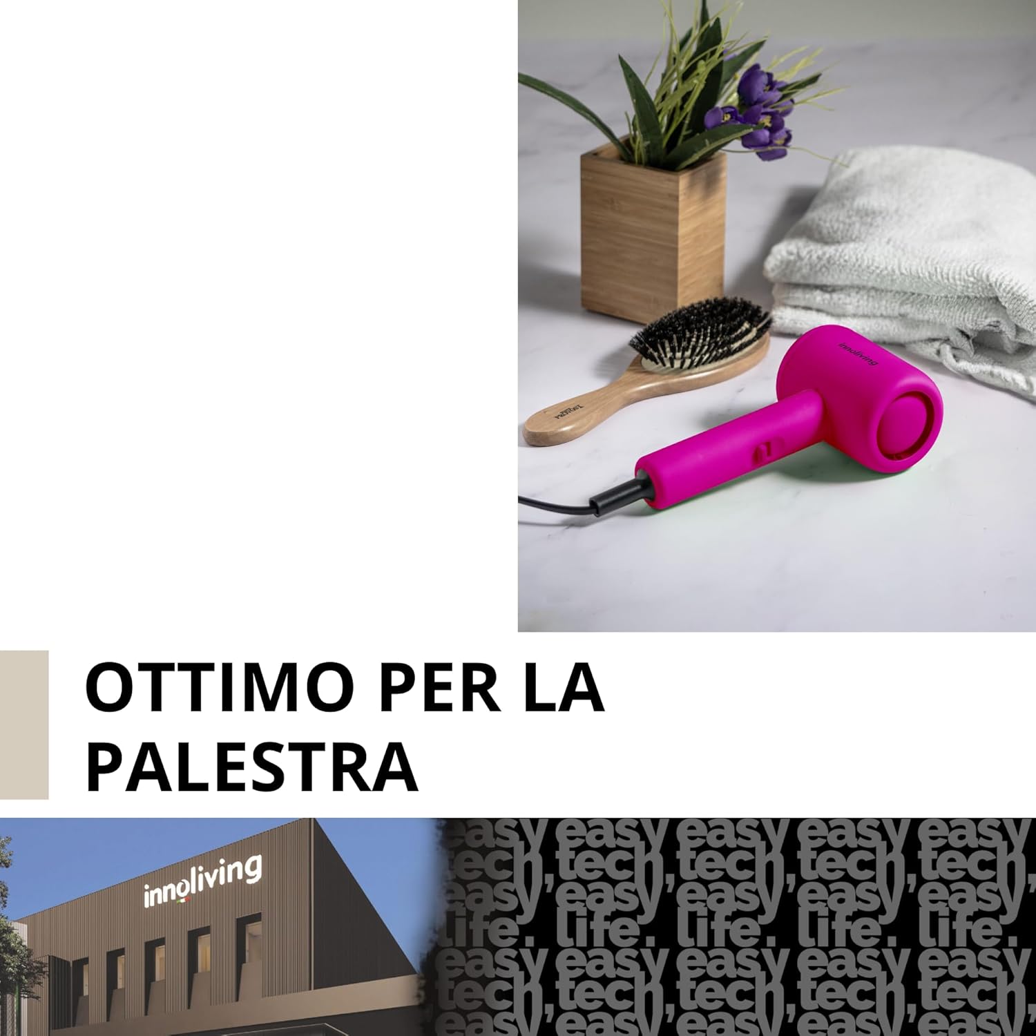 Innoliving Asciugacapelli Mini INN-612, Compatto e Pieghevole, 1200W, Doppia Velocità, Design Portatile per Viaggi e Palestra