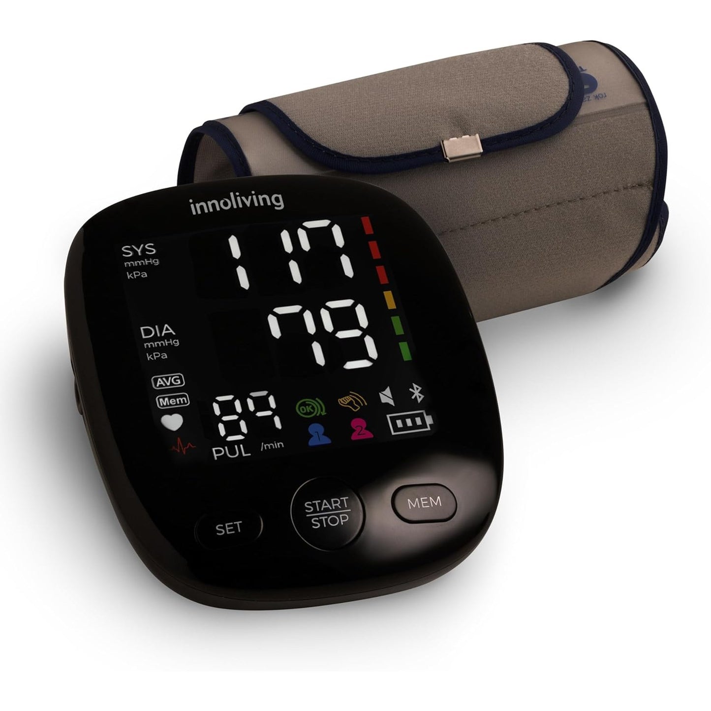 Innoliving Misuratore di Pressione da Braccio Digitale e Automatico, Display LCD Grande, Facile da Usare, Rilevazione di Pressione Sanguigna e Battito Cardiaco, Memoria Integrata INMD-FC-BP131