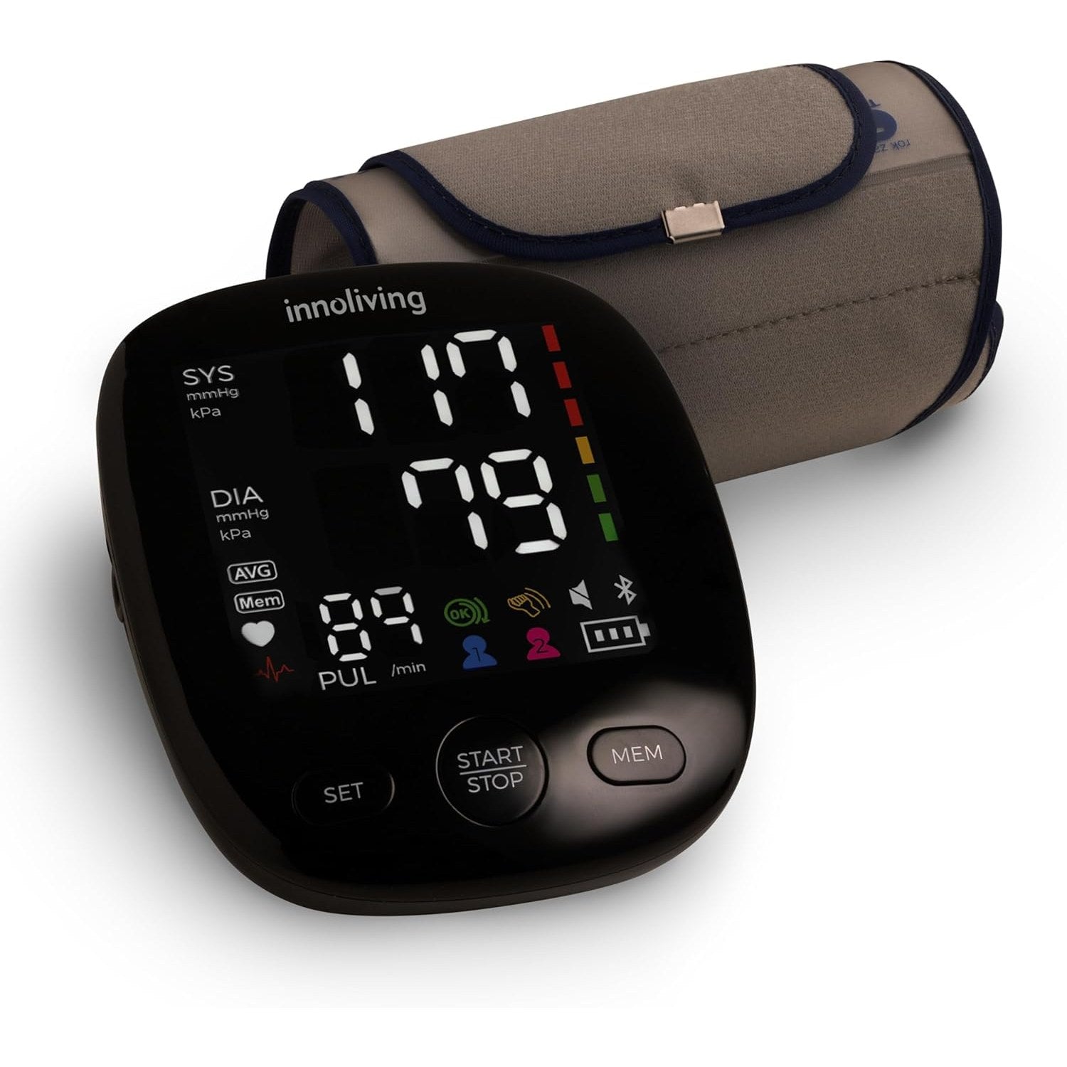 Innoliving Misuratore di Pressione da Braccio Digitale e Automatico, Display LCD Grande, Facile da Usare, Rilevazione di Pressione Sanguigna e Battito Cardiaco, Memoria Integrata INMD-FC-BP131