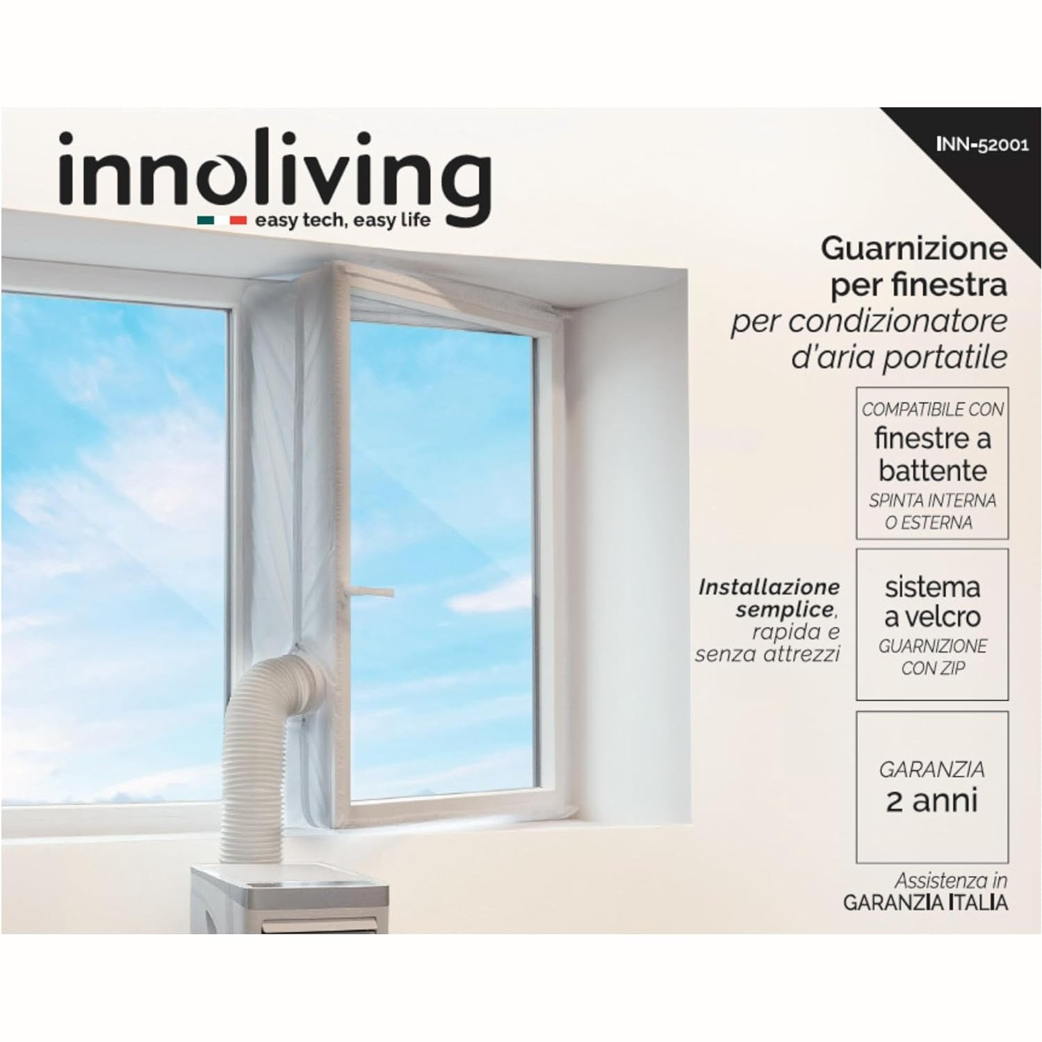 Innoliving Guarnizione Universale per Finestre INN-52001, Compatibile con Condizionatori d’Aria Portatili, Design Regolabile fino a 4m, Materiale Impermeabile TERYLENE, Sistema a Velcro con Zip