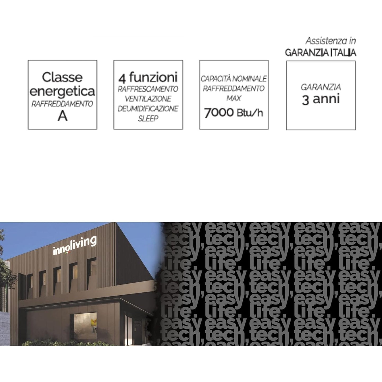 Innoliving Condizionatore Portatile 7000BTU INN-520NEW, 3 Funzioni Raffreddamento, Ventilazione, Deumidificazione, Timer 24h, Telecomando, Display LED, Gas Naturale R290, Fino a 30mq