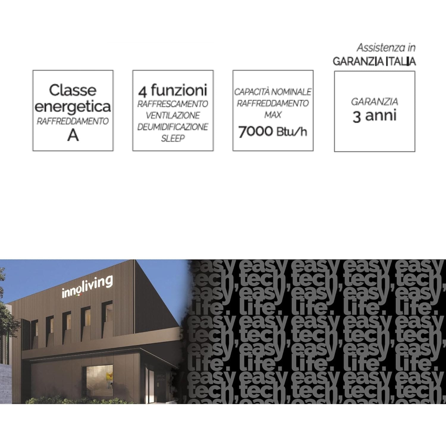 Innoliving Condizionatore Portatile 7000BTU INN-520NEW, 3 Funzioni Raffreddamento, Ventilazione, Deumidificazione, Timer 24h, Telecomando, Display LED, Gas Naturale R290, Fino a 30mq