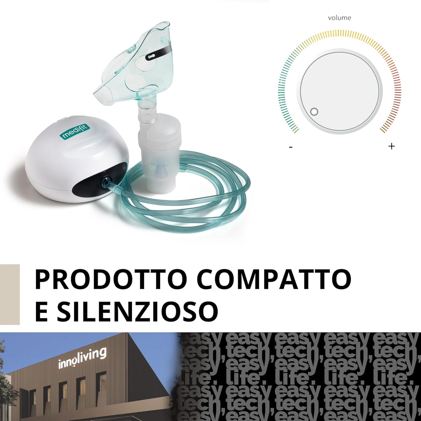Innoliving Medifit Aerosol a Pistone INMD-NB-218C, Nebulizzatore Silenzioso e Potente, Completo di Mascherina e Ampolla, Areosol per Bambini e Adulti, Facile da Usare e Pulire