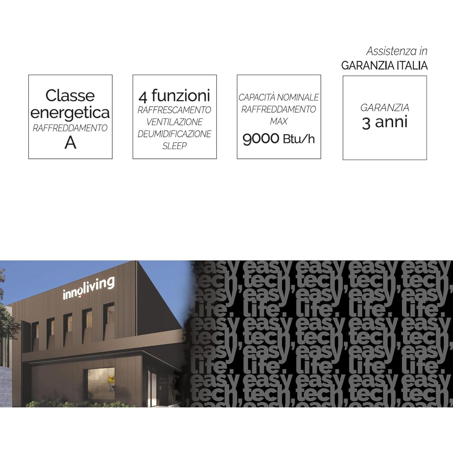 Innoliving Condizionatore Portatile 9000BTU INN-521NEW, 3 Funzioni Raffreddamento, Ventilazione, Deumidificazione, Timer 24h, Telecomando, Display LED, Gas Naturale R290, Fino a 30mq