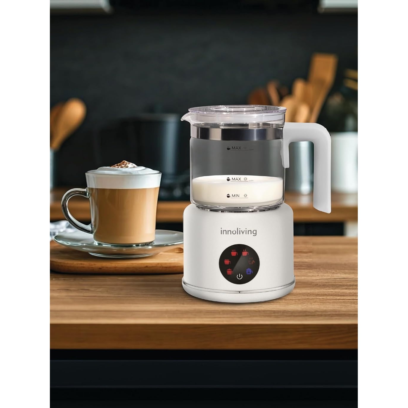Innoliving Montalatte Elettrico Cappuccinatore INN-786, Capacità 350ml, Schiuma Latte Calda e Fredda, Antiaderente, Compatto, Facile da Pulire, Ideale per Cappuccini e Bevande Calde, Monta e Scalda