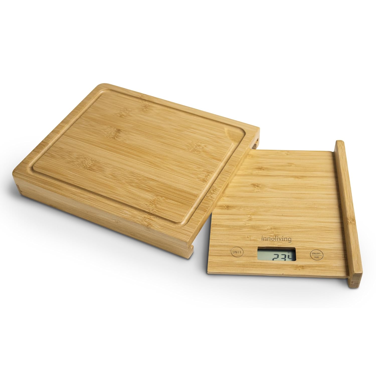 Innoliving Bilancia Digitale da Cucina in Bambu INN-137 con Tagliere 2-in-1 e Design Elegante, Alta Precisione, Funzione Tara, Display LCD, Piattaforma Ampia Rettangolare con Tagliere