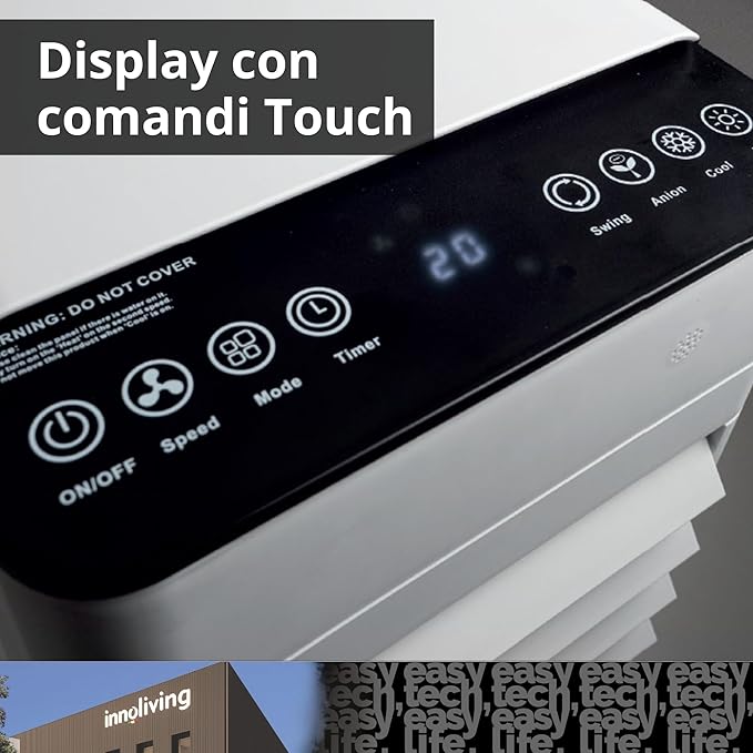 Innoliving Raffrescatore d’Aria Caldo/Freddo 7 Litri INN-508NEW, con Funzione Calore, Pannello Touch, Display Digitale, Telecomando, 3 Velocità, Oscillazione 140°, Serbatoio Removibile