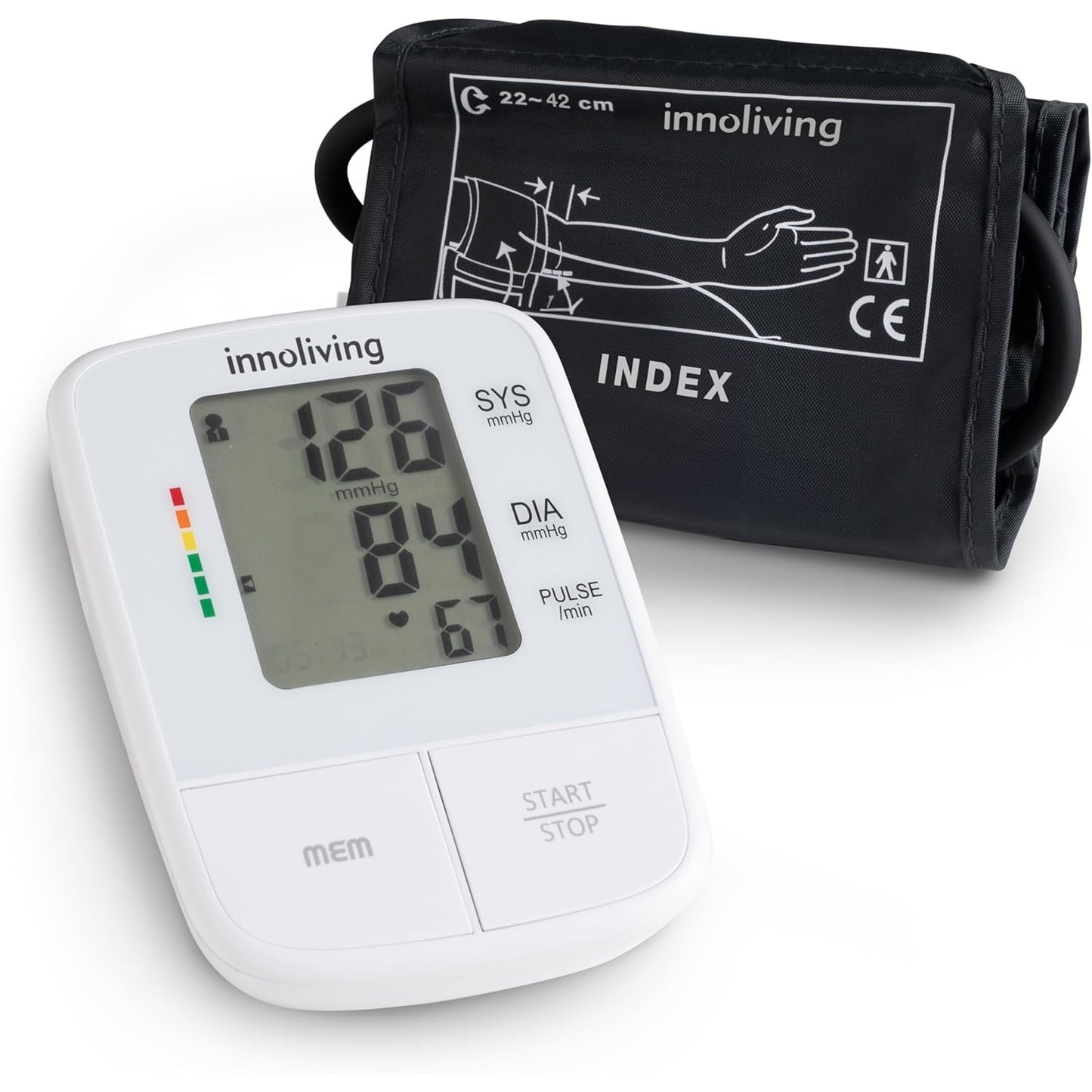 Innoliving Misuratore di Pressione da Braccio Digitale e Automatico, Display LCD Grande, Facile da Usare, Rilevazione di Pressione Sanguigna e Battito Cardiaco, Memoria Integrata INMD-DBP-6191