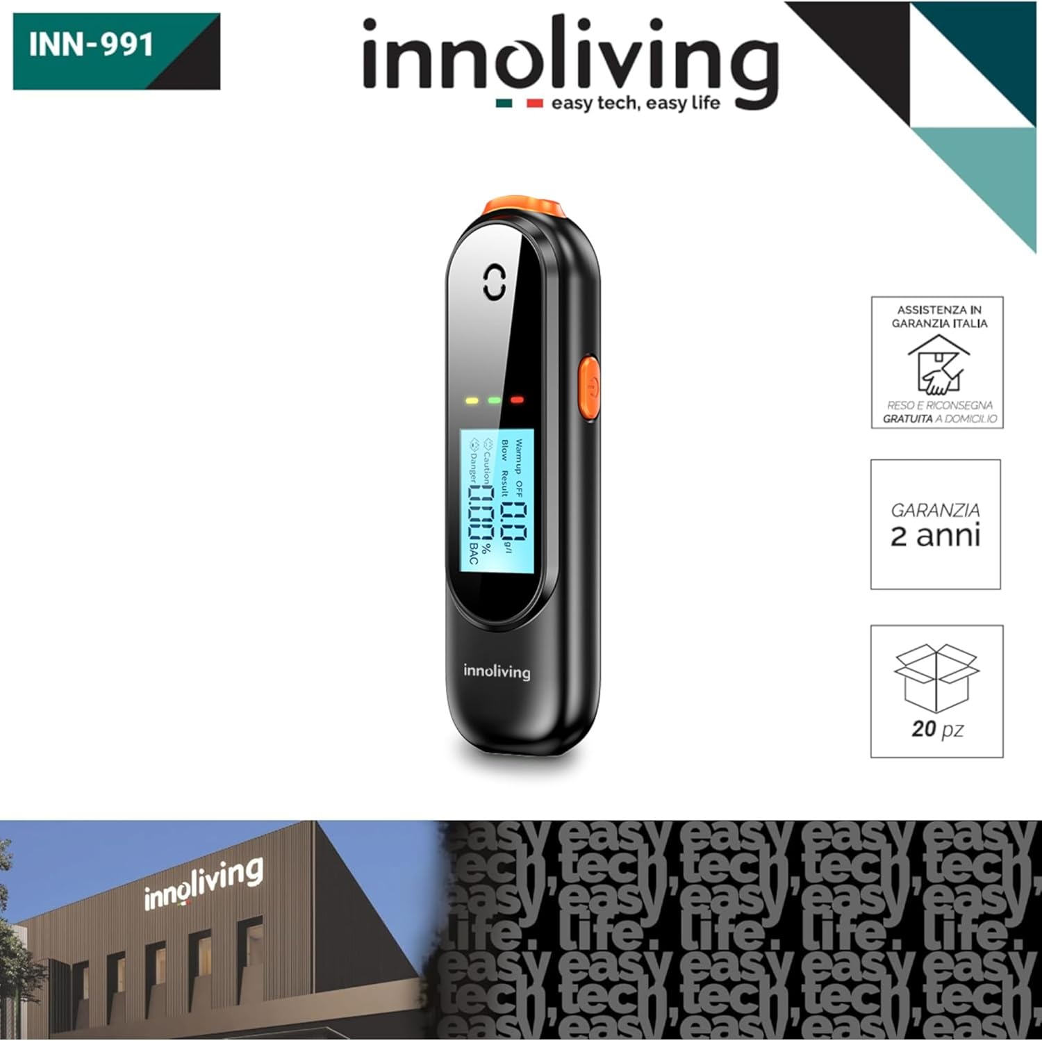 Innoliving Alcool Tester Ricaricabile Portatile e Preciso, Display Digitale, Rilevazione Rapida del Tasso Alcolico, Sensore Avanzato, per Uso Personale e Sicurezza Auto, USB-c INN-991