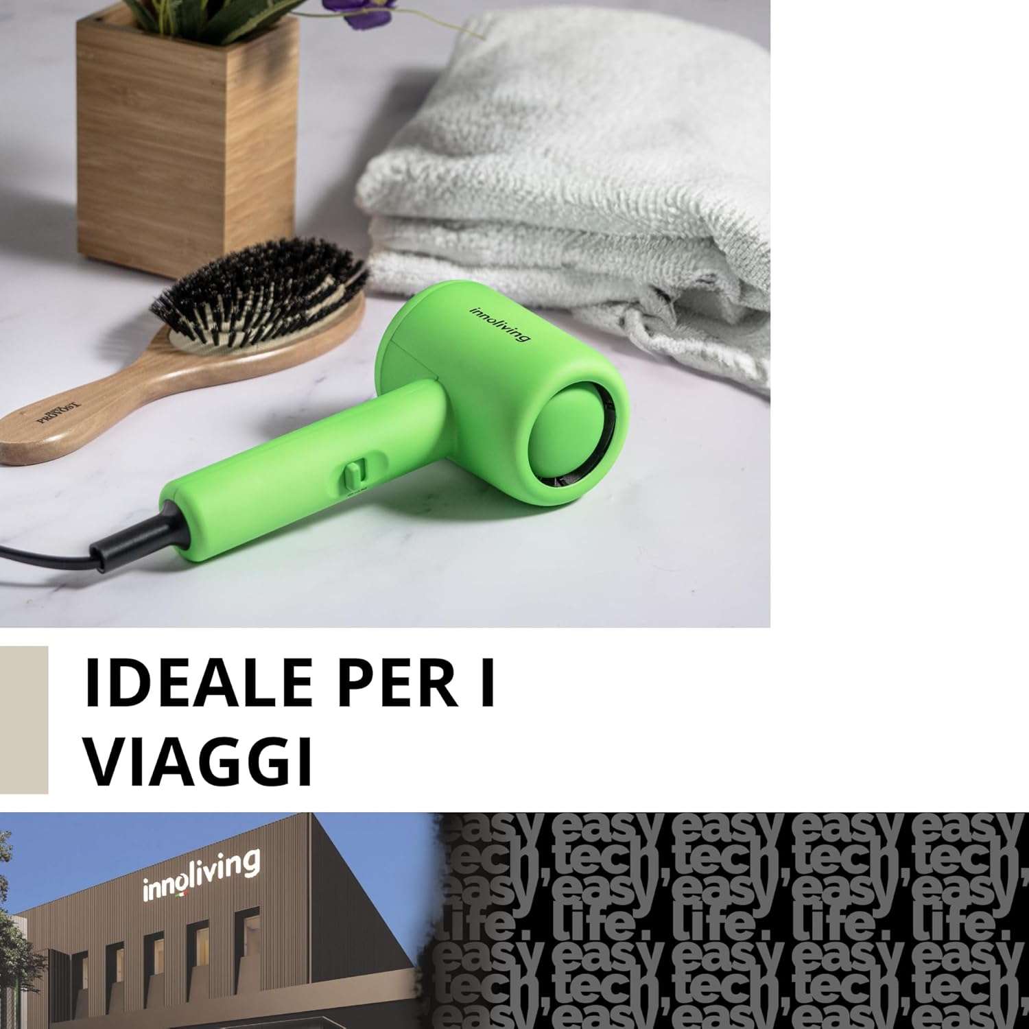 Innoliving Asciugacapelli Mini INN-612, Compatto e Pieghevole, 1200W, Doppia Velocità, Design Portatile per Viaggi e Palestra