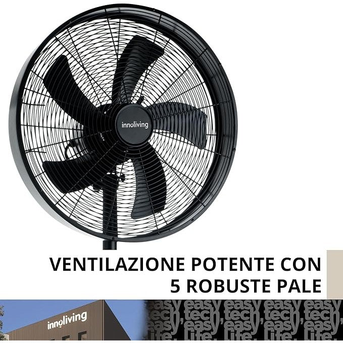 Innoliving Ventilatore a Piantana in Metallo INN-529B, Diametro 45 cm, 3 Velocità, Modalità Oscillazione, Struttura Robusta Metallo Nero, Inclinazione Regolabile 50W
