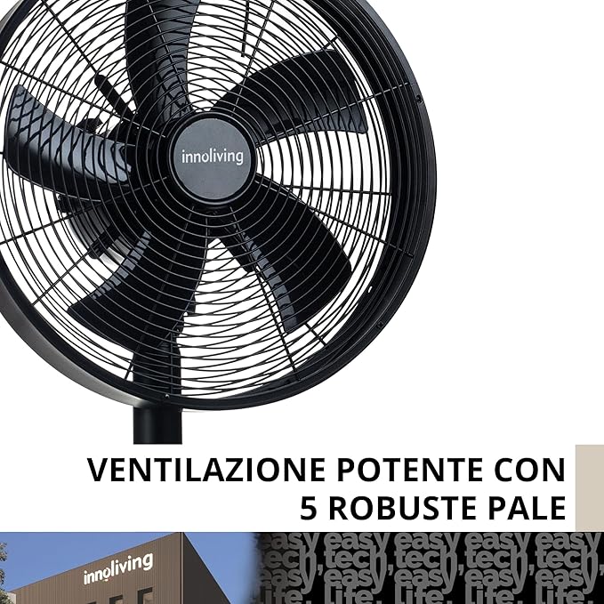 Innoliving Ventilatore da Tavolo in Metallo INN-530B, Diametro 35 cm, 3 Velocità, Modalità Oscillazione, Struttura Robusta Metallo Nero, Inclinazione Regolabile 35W