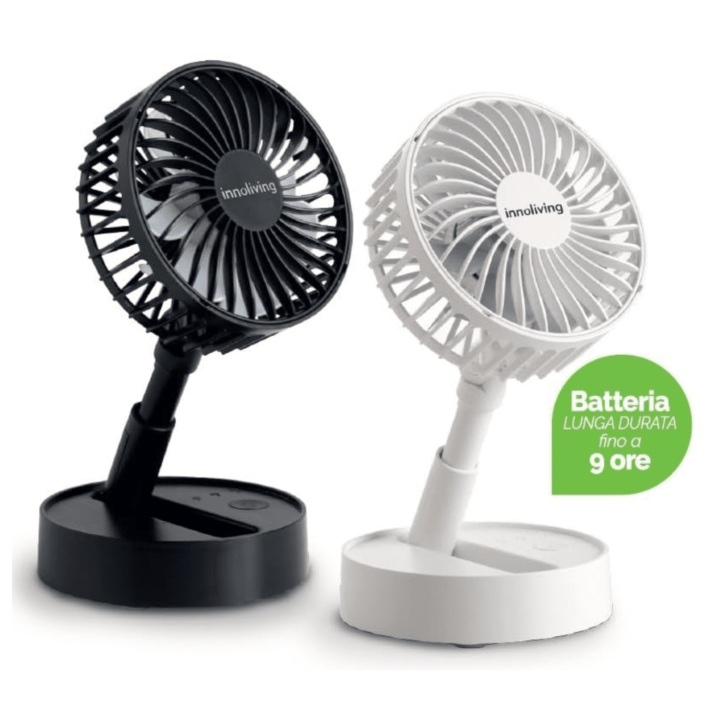 Innoliving Ventilatore 10cm Pieghevole Ricaricabile INN-523 Senza Fili, Altezza Regolabile, 3 Velocità, Angolo 90°, Batteria Litio 1800mAh, Ricarica USB, Portatile, Conveniente