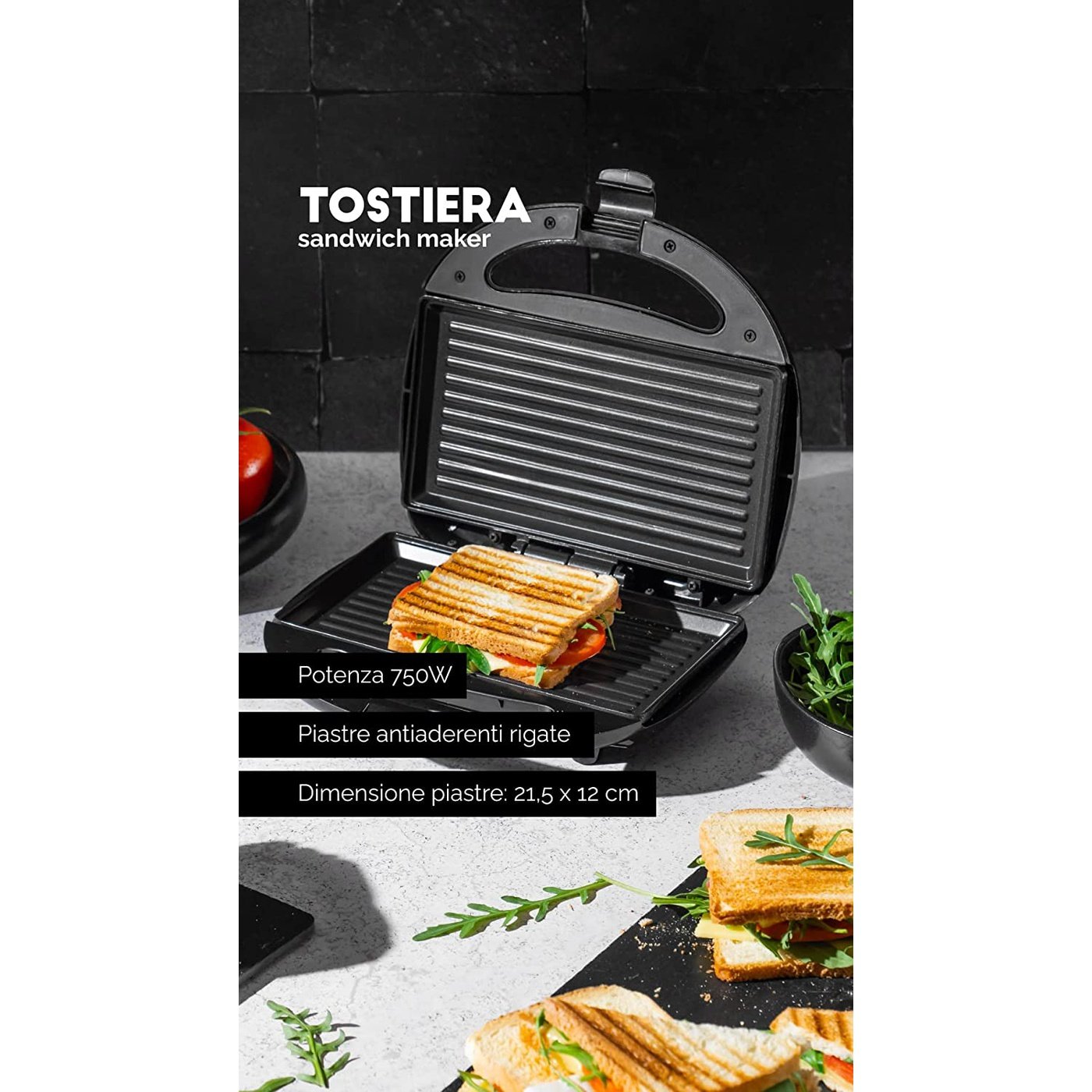 Tostiera panini sandwich bruschette piastre antiaderenti avvolgicavo, Innoliving INN-787