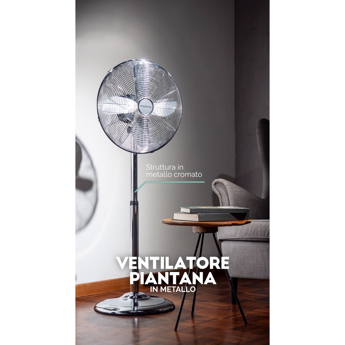 Ventilatore a piantana in metallo oscillazione 3 velocità 50W, Innoliving INN-522