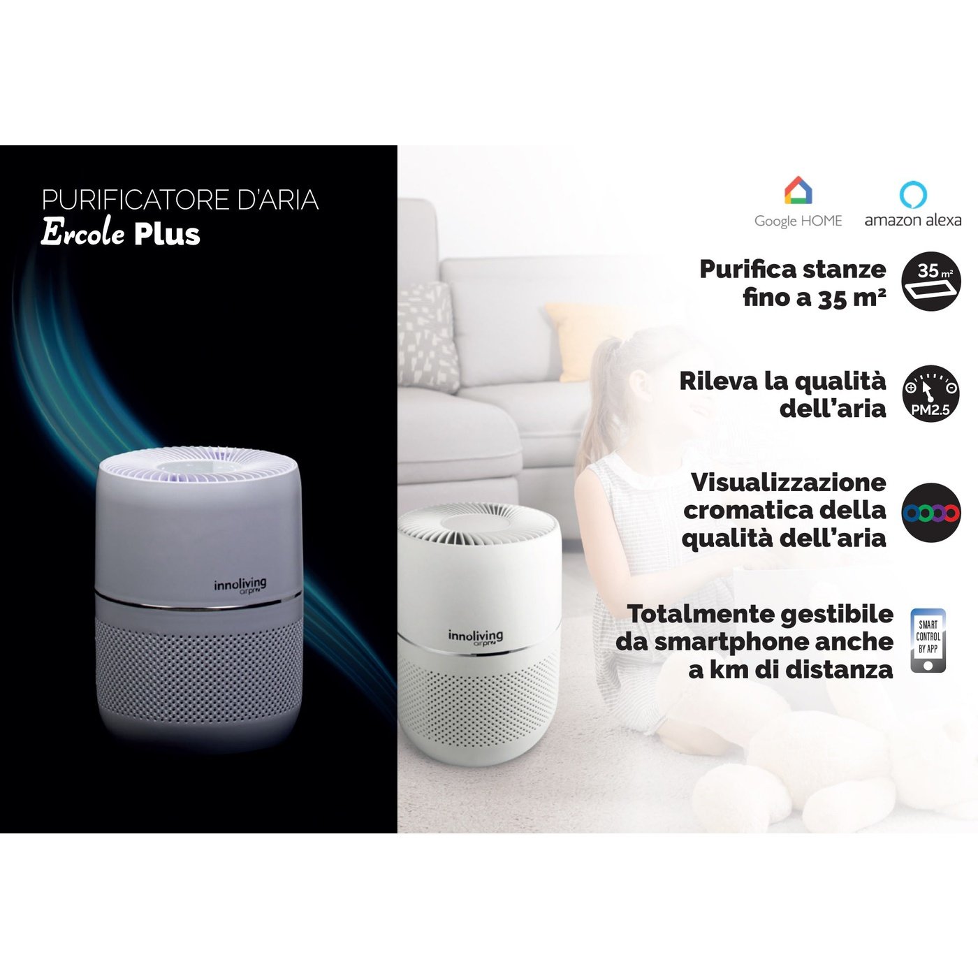 Purificatore d'aria Ercole Plus filtro HEPA e Ioni negativi Smart Wi-fi Innoliving Airpro INN-555