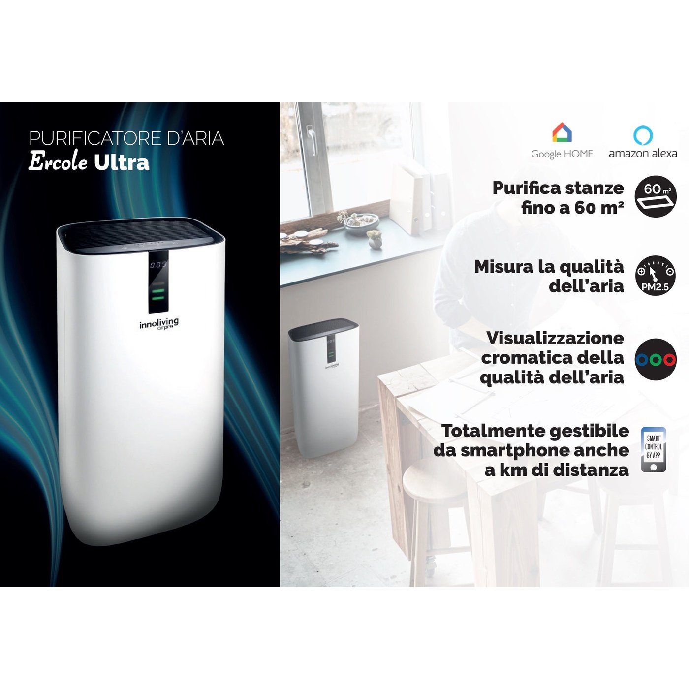 Purificatore d'aria Ercole Ultra filtro HEPA, Ioni negativi, PM 2.5 Smart Wi-fi Innoliving Airpro INN-556