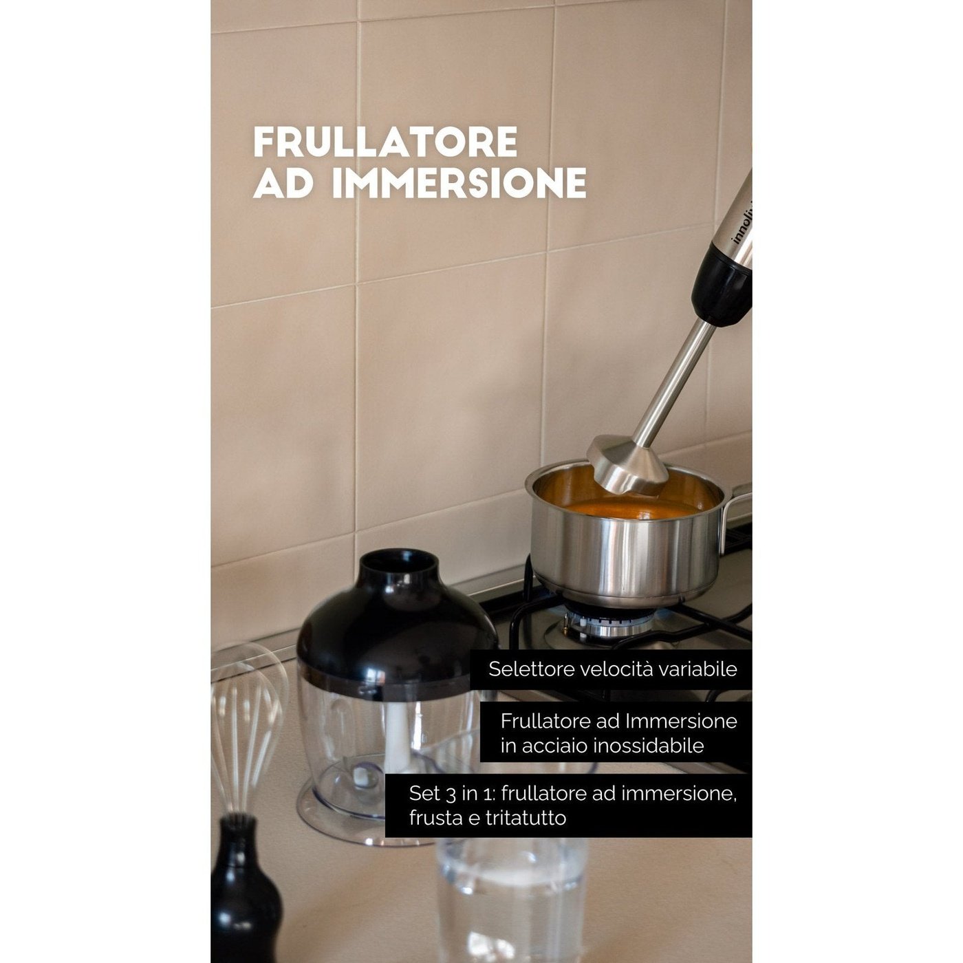 Frullatore ad Immersione 3in1 Kit, 700W, Accessori in Acciaio Inossidabile, Innoliving INN-698
