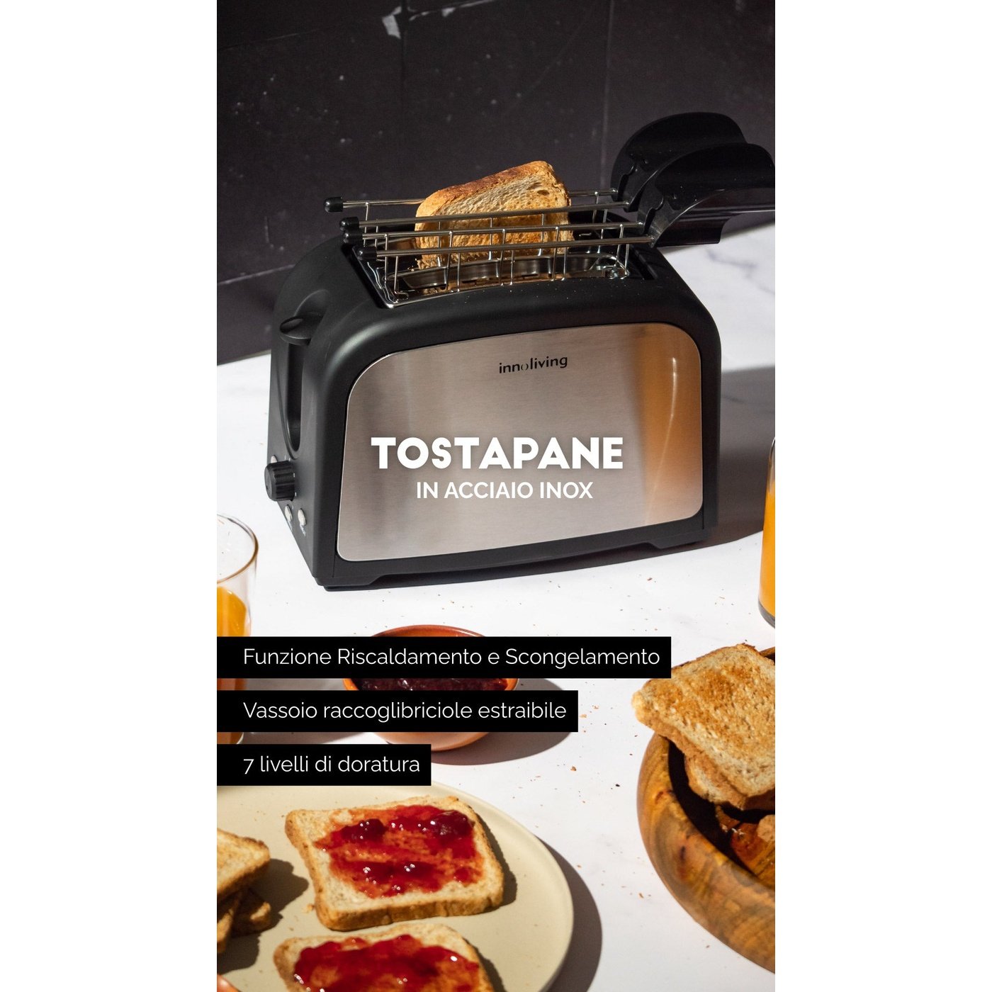 Tostapane acciaio Inox con pinze 7 livelli riscaldamento scongelamento, Innoliving INN-743