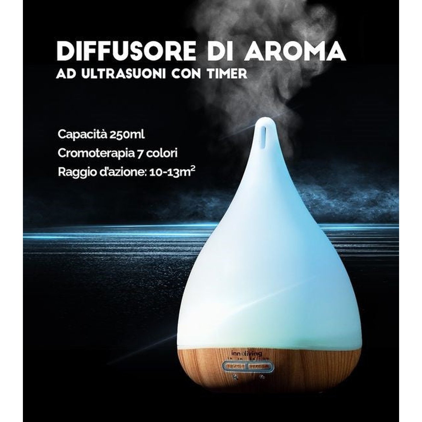 Diffusore di aroma ad ultrasuoni con timer e luce led 7 colori Innoliving INN-772DB
