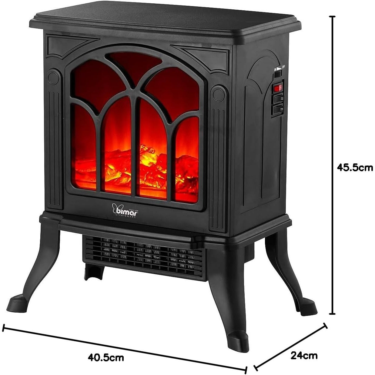 Bimar HFP02 Caminetto Elettrico da Pavimento con Effetto Fiamma Camino con Termoventilatore Resistenza Ceramica PTC a Basso Consumo, Termostato Regolabile e 2 Potenze di Riscaldamento