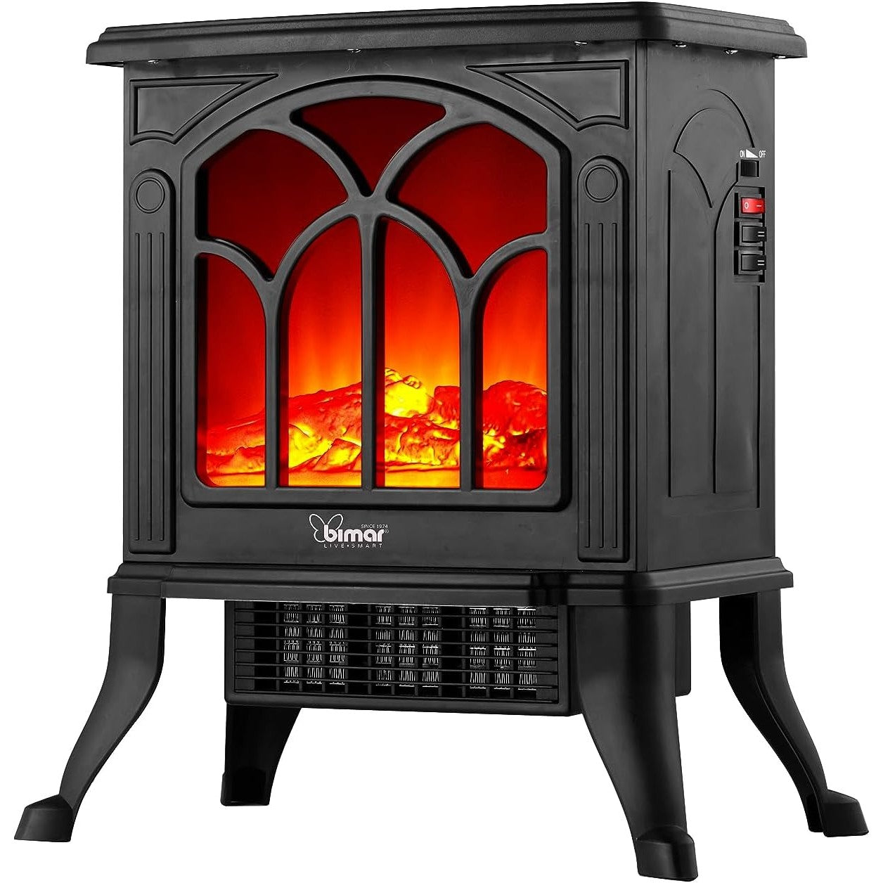 Bimar HFP02 Caminetto Elettrico da Pavimento con Effetto Fiamma Camino con Termoventilatore Resistenza Ceramica PTC a Basso Consumo, Termostato Regolabile e 2 Potenze di Riscaldamento