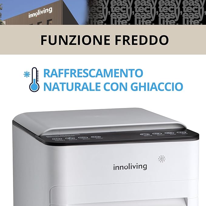 Innoliving Raffrescatore d’Aria Caldo/Freddo 7 Litri INN-508NEW, con Funzione Calore, Pannello Touch, Display Digitale, Telecomando, 3 Velocità, Oscillazione 140°, Serbatoio Removibile