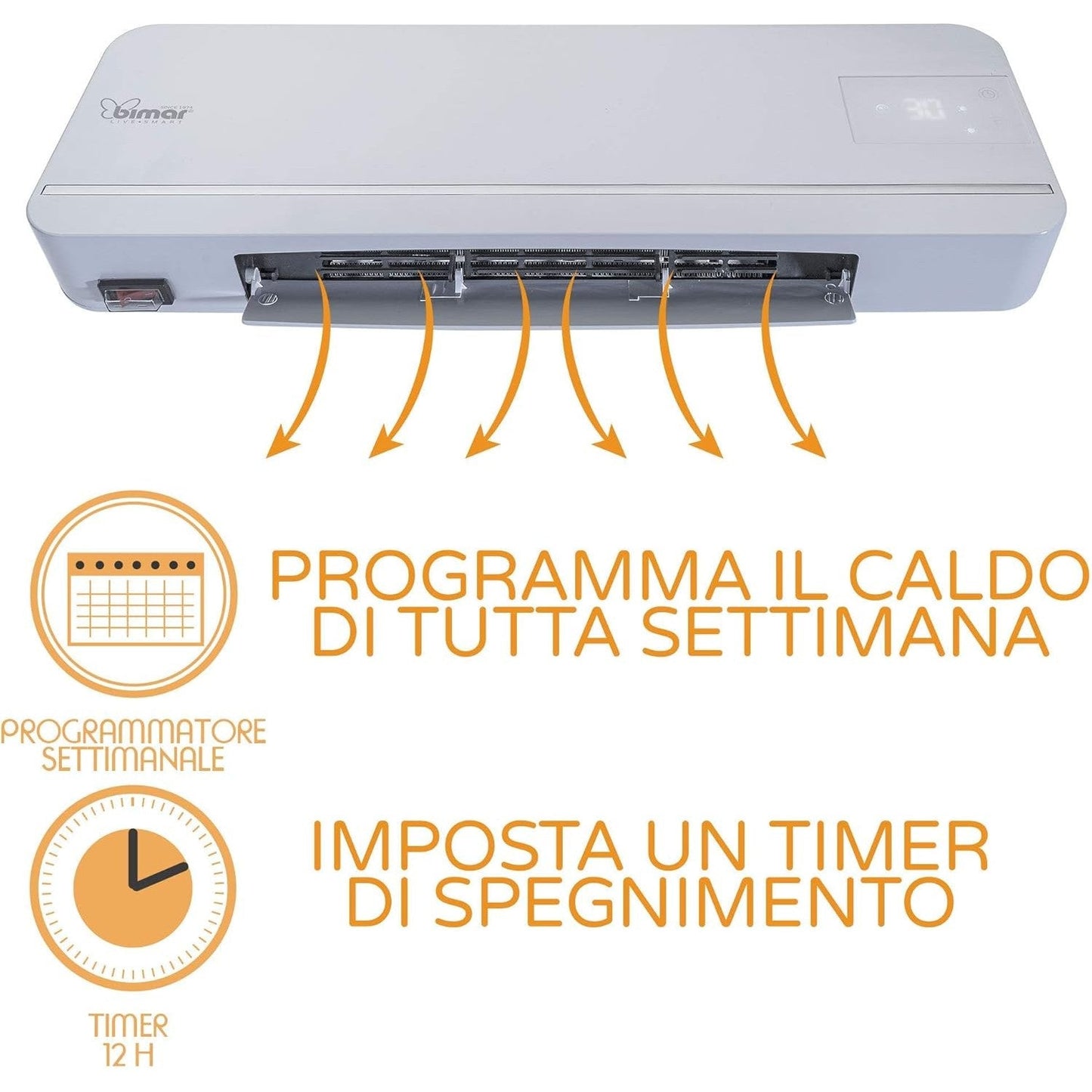 BIMAR AMA05 Termoventilatore da Bagno Ceramico - Termoventilatore Basso Consumo - Scaldabagno Elettrico 2000W - Caldobagno - Termoventilatore da parete con Telecomando e Programmatore Settimanale