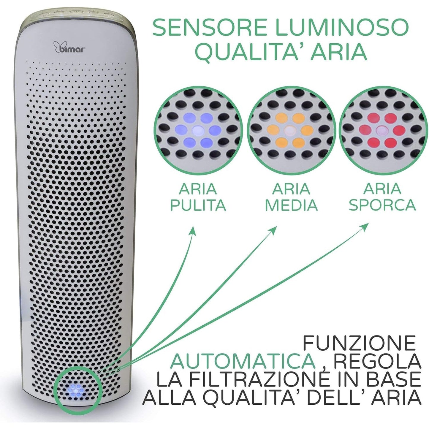Bimar PA100 Purificatore Aria con Filtro HEPA Alta Filtrazione a Carboni Attivi e Lampada UV. Purificatore Aria Elimina Batteri, Odori, Allergie, Pollini, Fumo per Casa o Ufficio