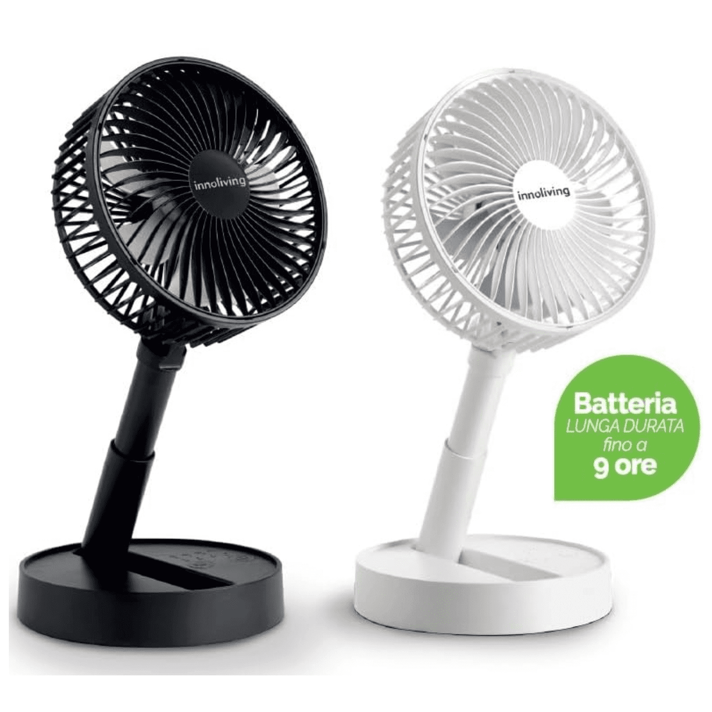 Innoliving Ventilatore 15cm Pieghevole Ricaricabile INN-524 Senza Fili, Altezza Regolabile, 3 Velocità, Angolo 90°, Batteria Litio 1800mAh, Ricarica USB, Portatile, Conveniente