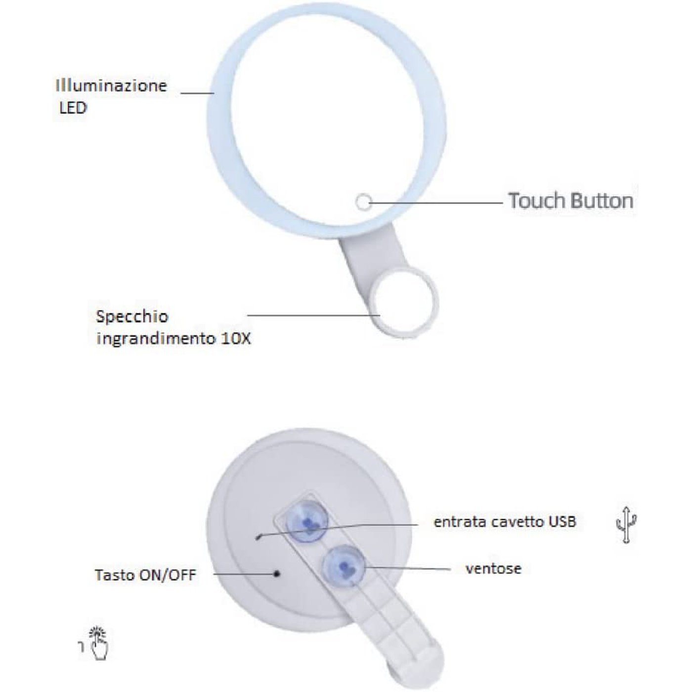 Doppio Specchio cosmetico luminoso ingrandimento 10X ricaricabile, Innoliving INN-806