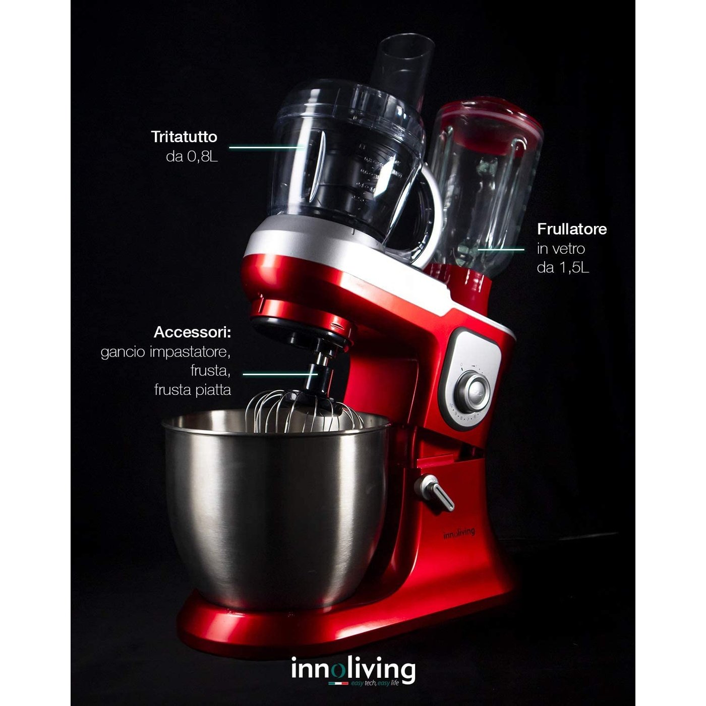 Impastatrice con Frullatore e Robot da Cucina Innoliving INN-721, Rosso 6.5 Litri, 1200 Watt