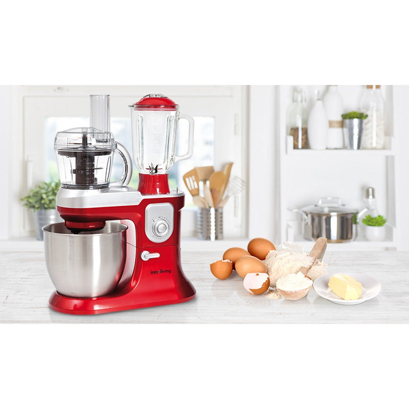 Impastatrice con Frullatore e Robot da Cucina Innoliving INN-721, Rosso 6.5 Litri, 1200 Watt