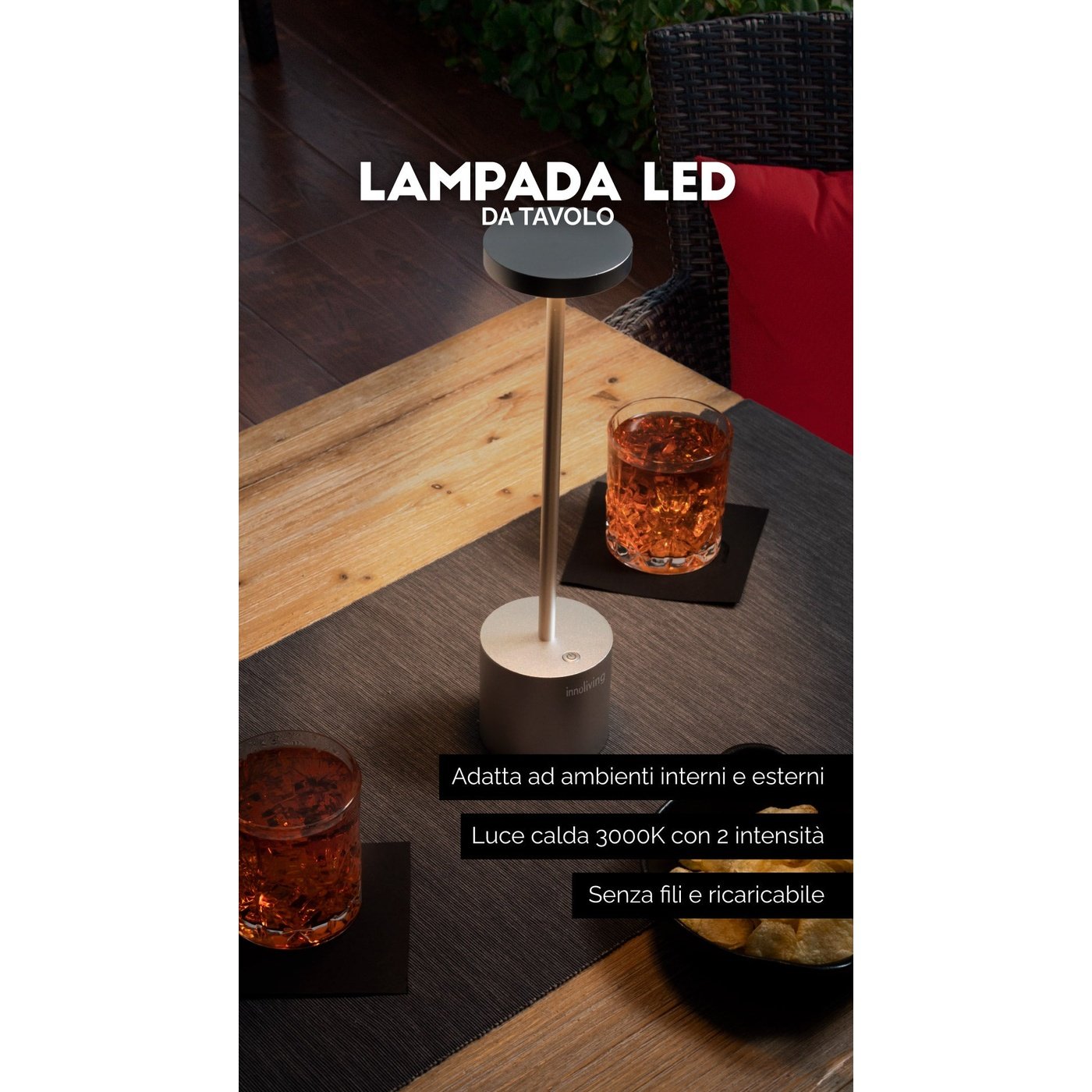 Lampada LED ricaricabile interni esterni 2 intensità 10 ore autonomia, –  Inshopping