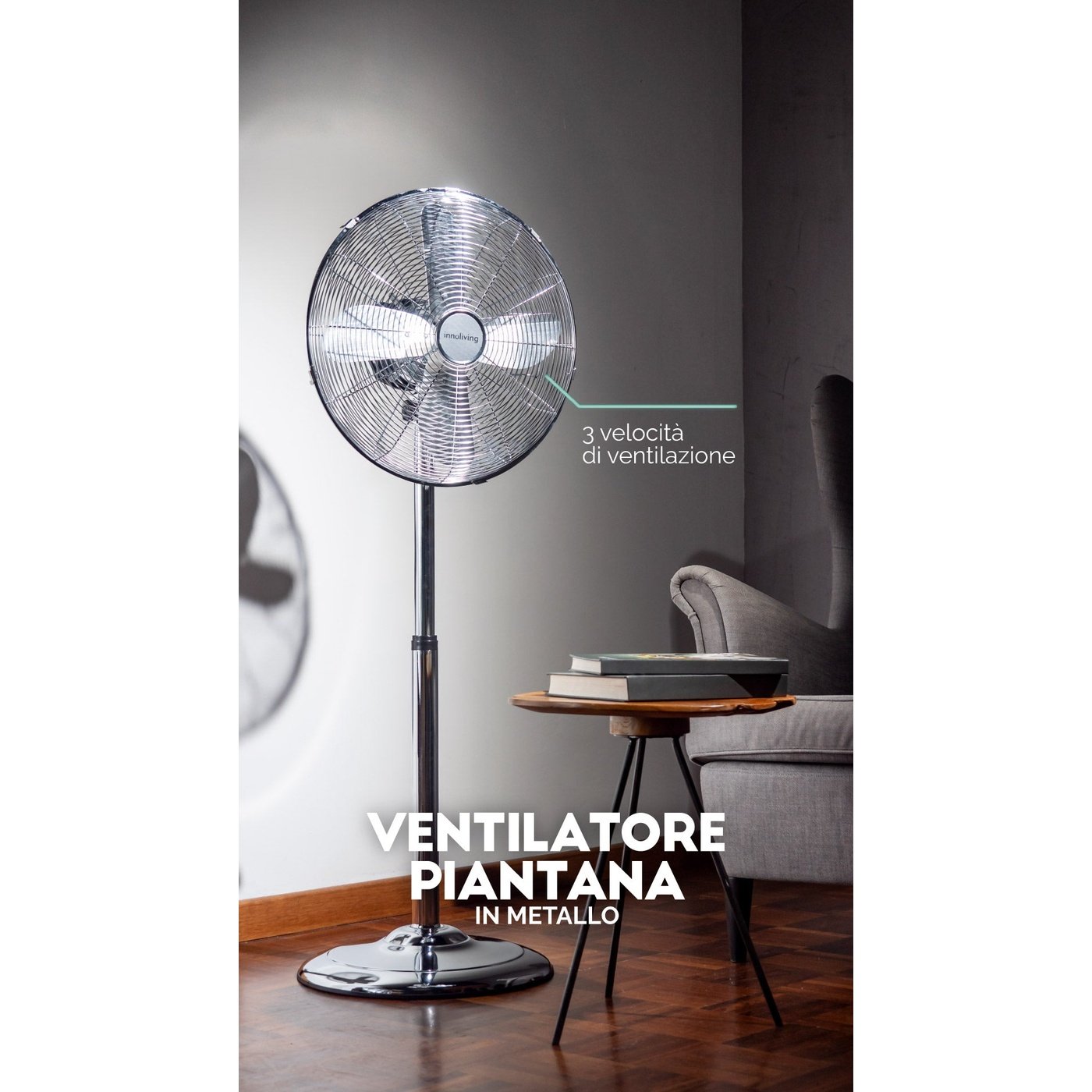 Ventilatore a piantana in metallo oscillazione 3 velocità 50W, Innoliving INN-522