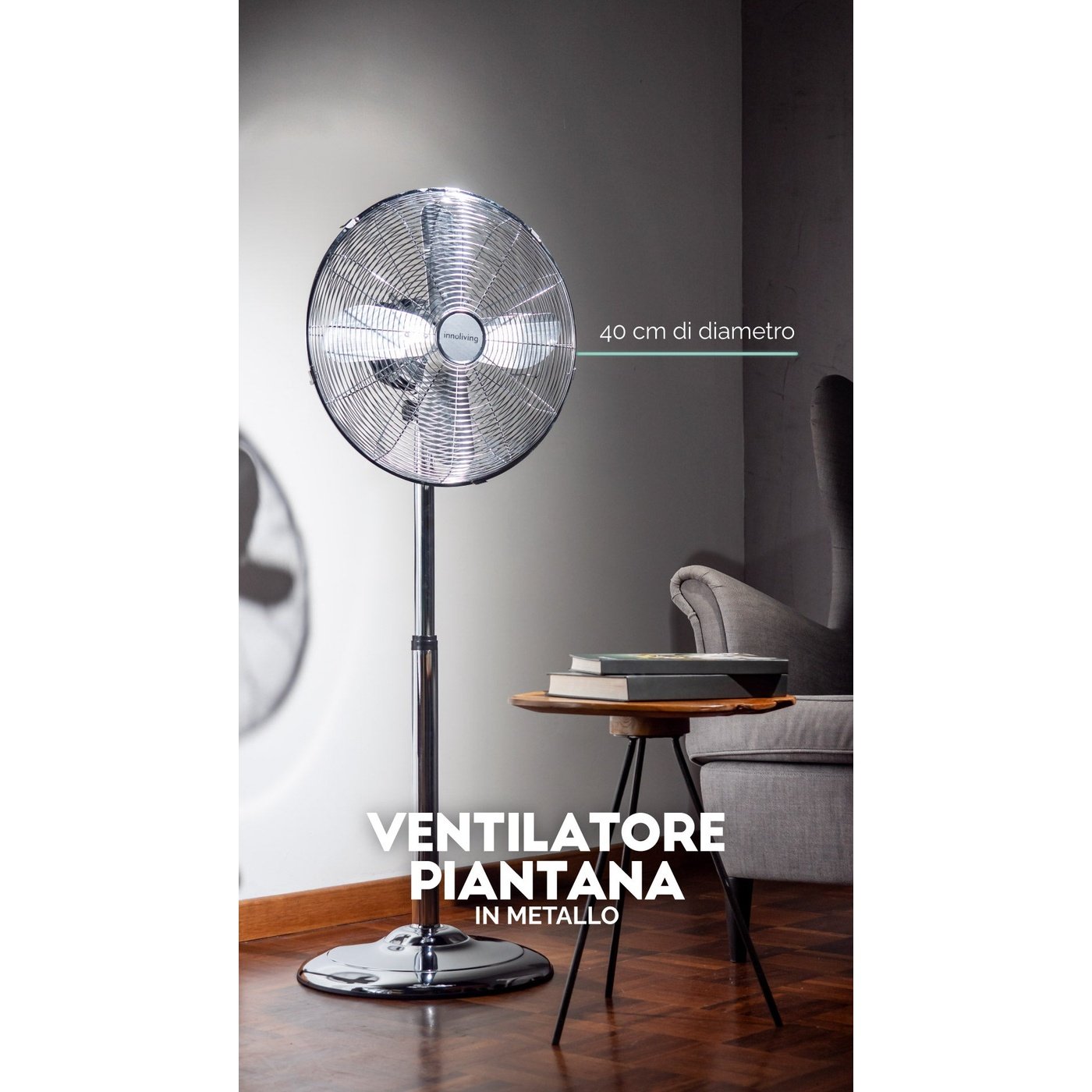 Ventilatore a piantana in metallo oscillazione 3 velocità 50W, Innoliving INN-522