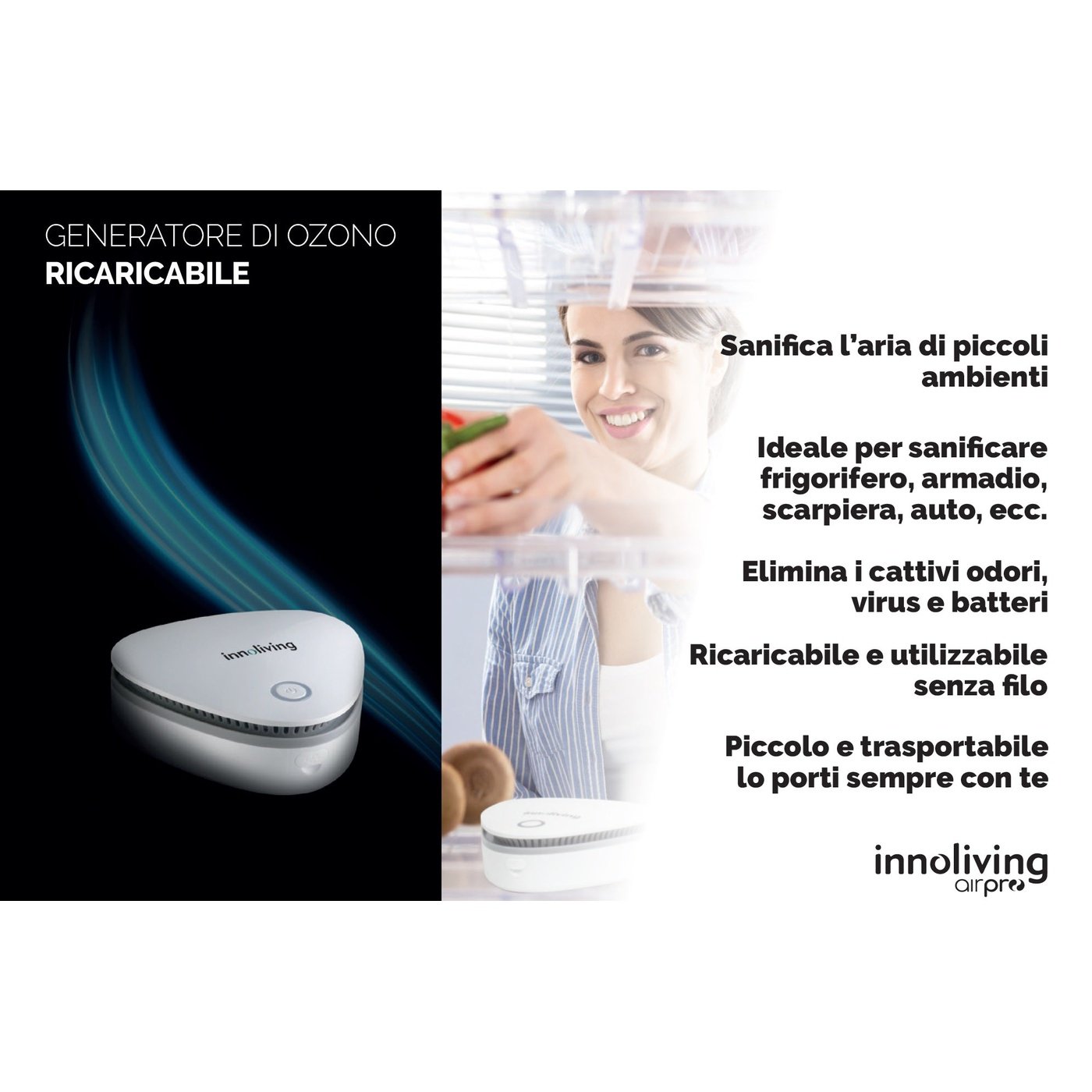 Generatore di ozono portatile ricaricabile senza fili, Innoliving INN-551