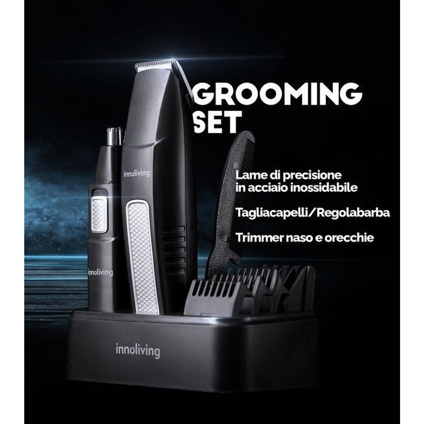 Set 3in1 Hair clipper/Beard trimmer and Trimmer cutting guides included, Innoliving INN-616